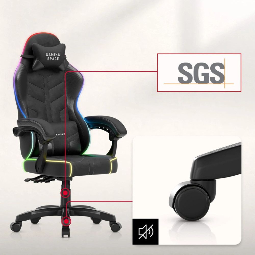 Czarny fotel gamingowy z oświetleniem RGB, logo SGS i kółkami.