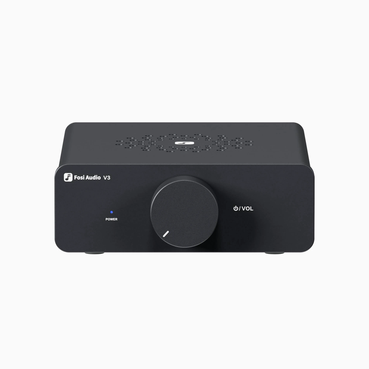 Schwarzer Audioverstärker mit Drehknopf und blauer Power-LED.