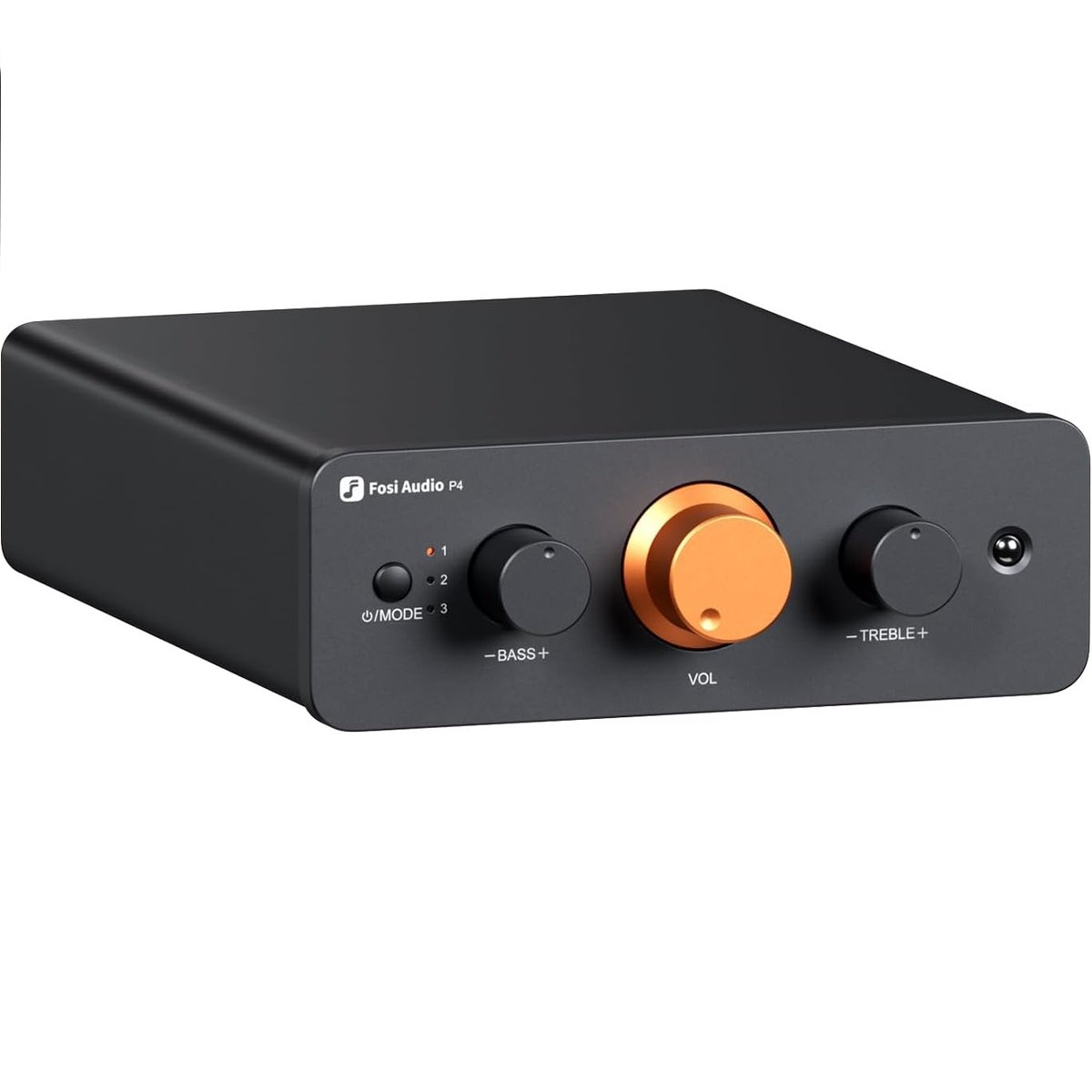 Schwarzer Audio-Verstärker mit drei Reglern: Bass, Lautstärke (orange) und Höhen.