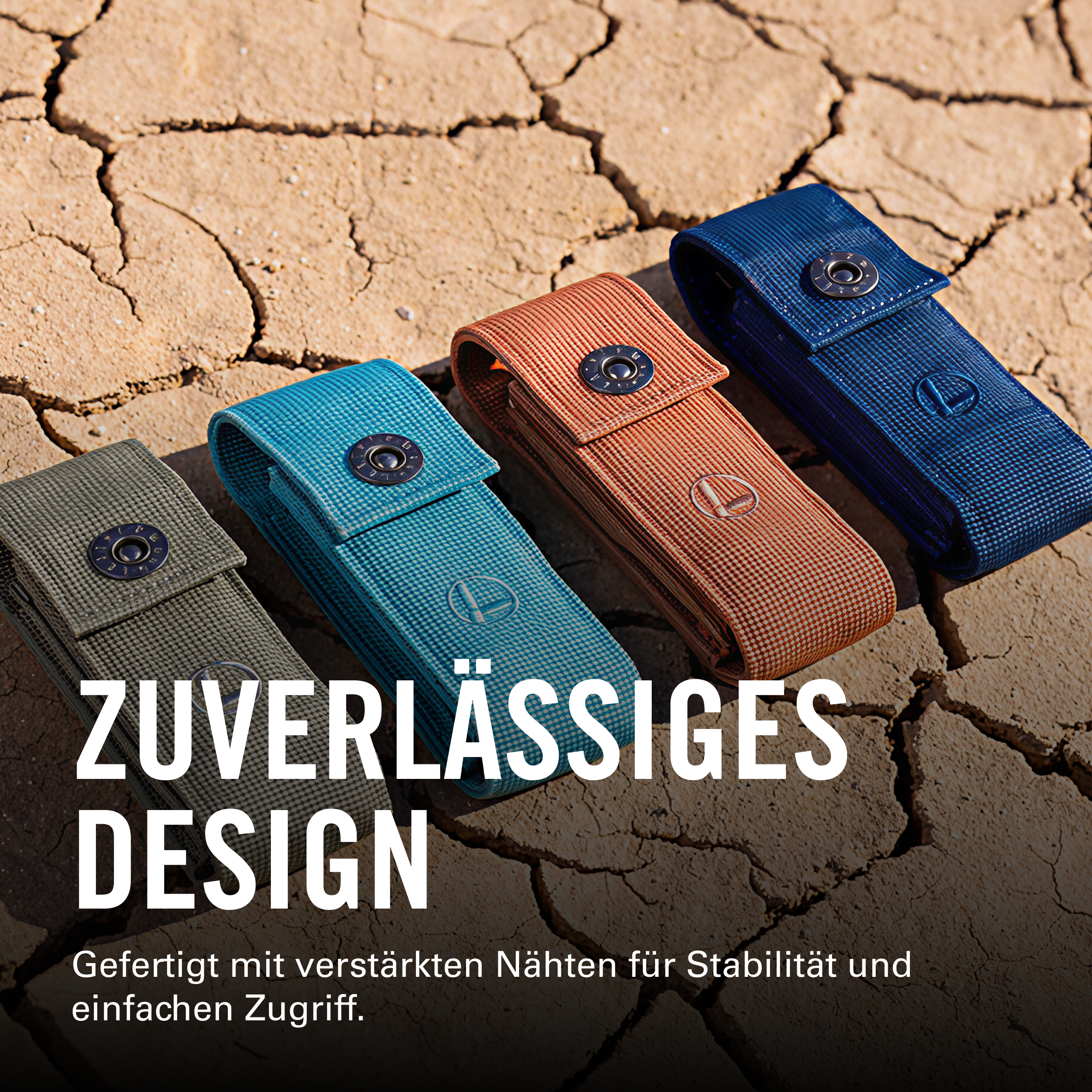 Vier Taschen in Grün, Türkis, Orange und Blau auf rissigem Boden.