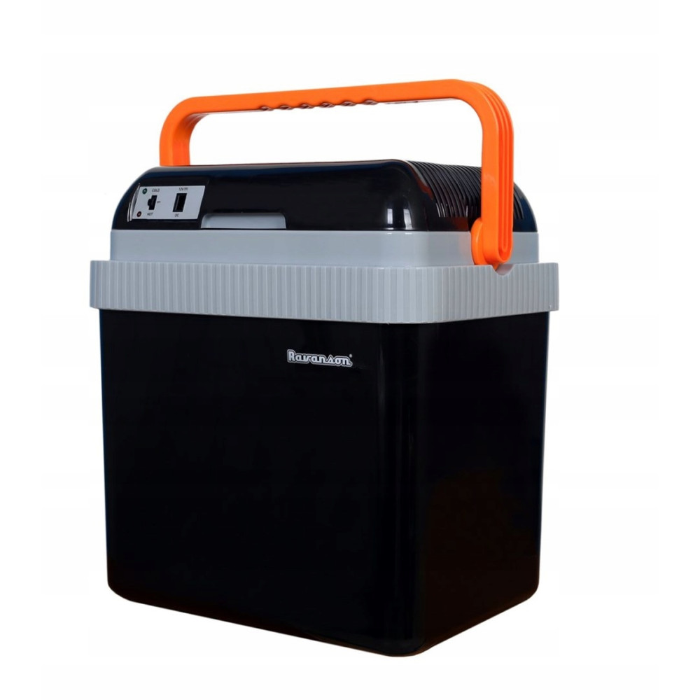 Borsa frigo nera con manico arancione e coperchio grigio. Interruttori e porte.