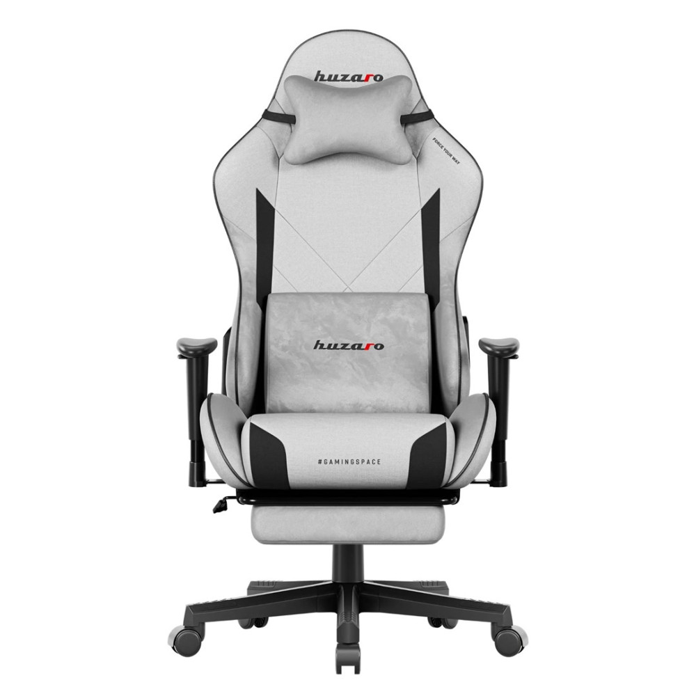 Jasnoszara ergonomiczna fotel gamingowy z zagłówkiem i poduszką lędźwiową.