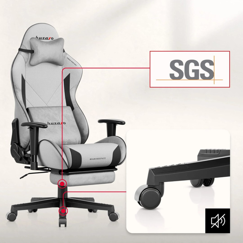 Szare krzesło gamingowe Huzaro z logo SGS i zbliżeniem kół.