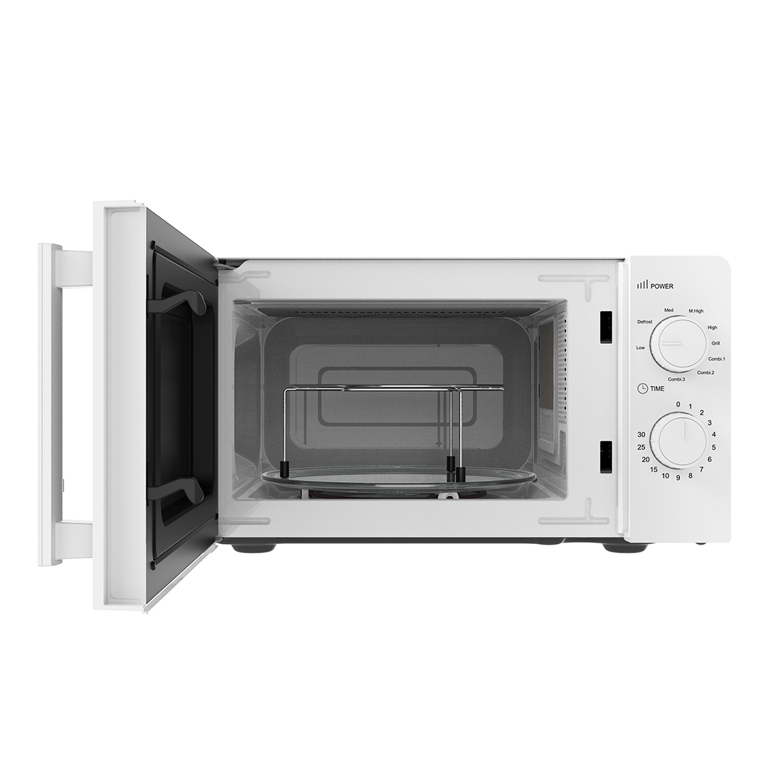 Un microondas blanco de encimera con la puerta abierta, mostrando plato giratorio y rejilla.