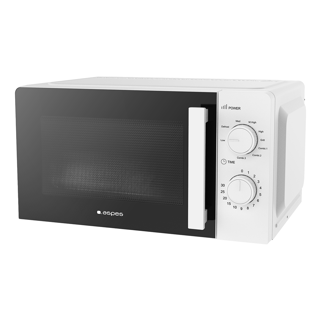 Un microondas blanco con puerta negra y mandos plateados.