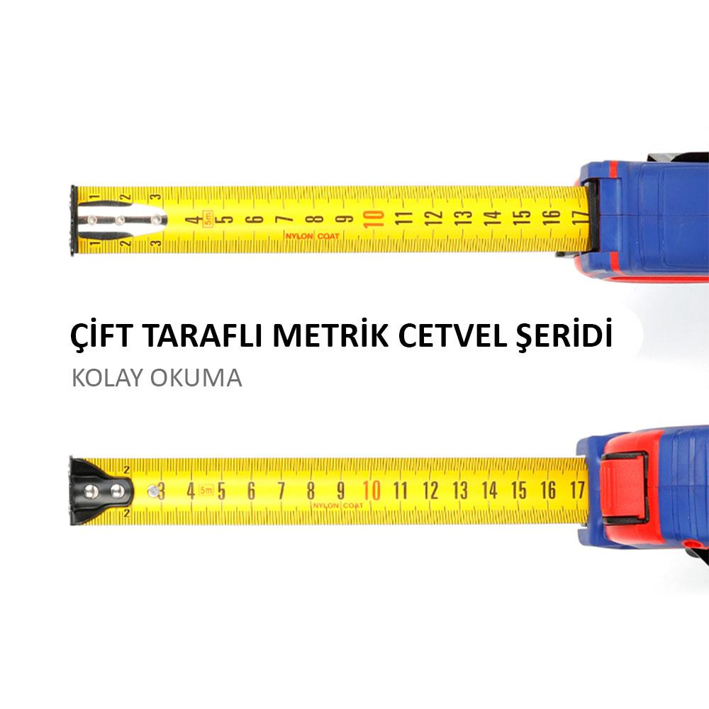 1'den 17 cm'ye kadar ölçen mavi gövdeli iki sarı şerit metre.