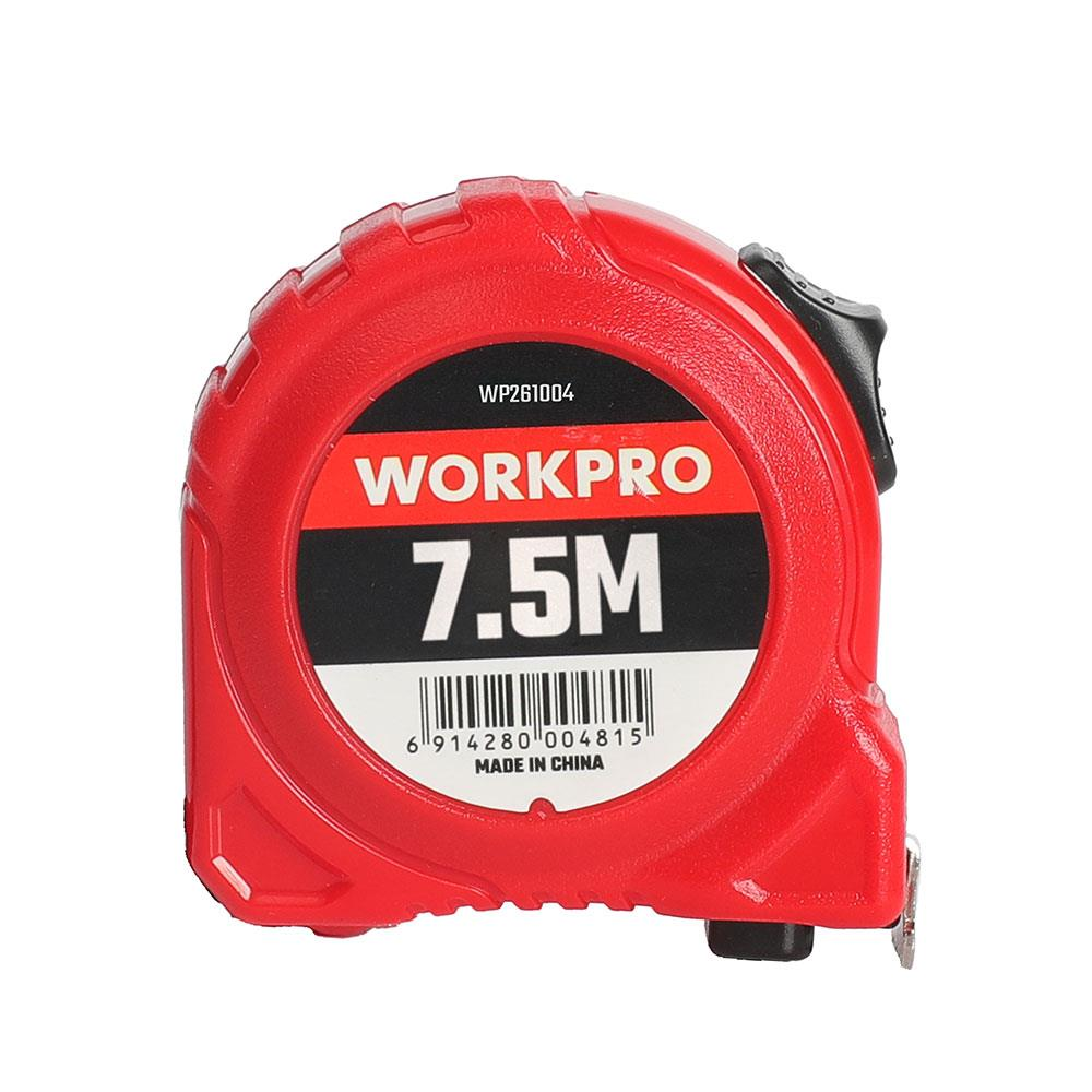 Kırmızı WORKPRO 7,5M mezura, barkodlu. Çin'de üretilmiştir.