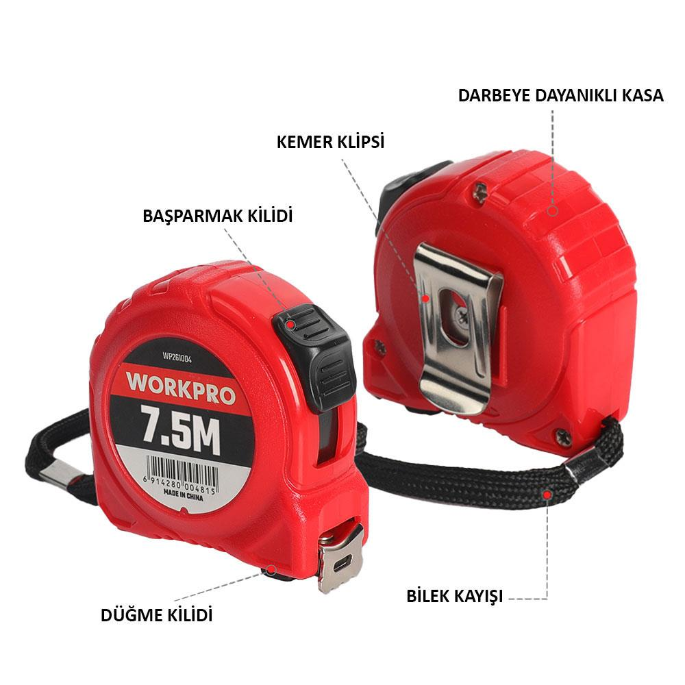 Farklı açılardan gösterilen iki kırmızı WORKPRO 7.5M şerit metre, kemer klipsi ve bilek kayışı gibi özellikleri vurgulanıyor.