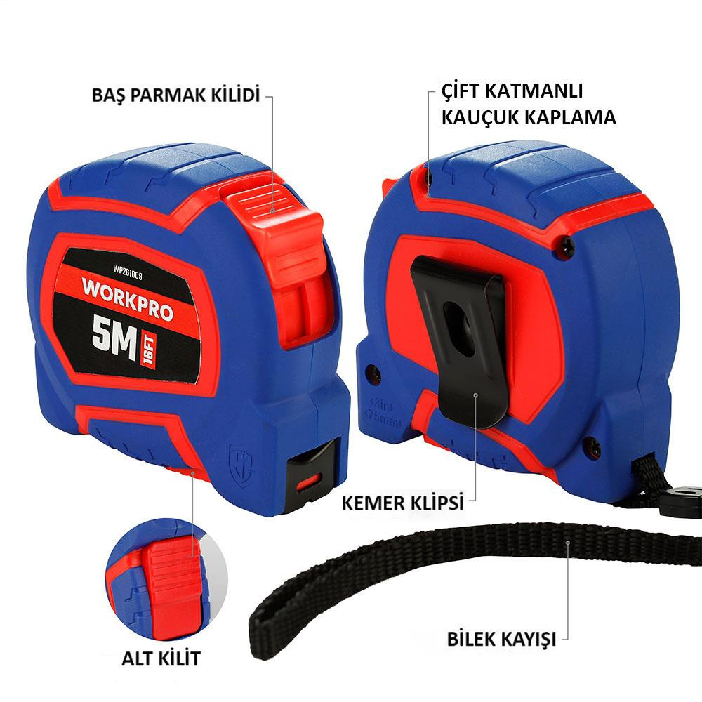 Başparmak kilidi, kemer klipsi ve bilek kayışı gibi farklı açıları ve özelliklerini gösteren iki mavi ve kırmızı WORKPRO 5M/16FT şerit metre.