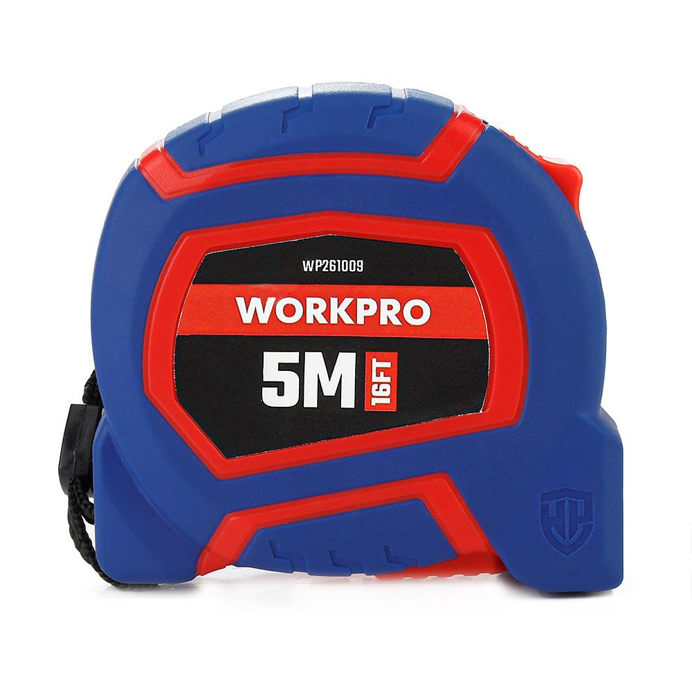 Beyaz bir arka plan üzerinde mavi ve kırmızı WORKPRO 5M/16FT şerit metre gösteriliyor.