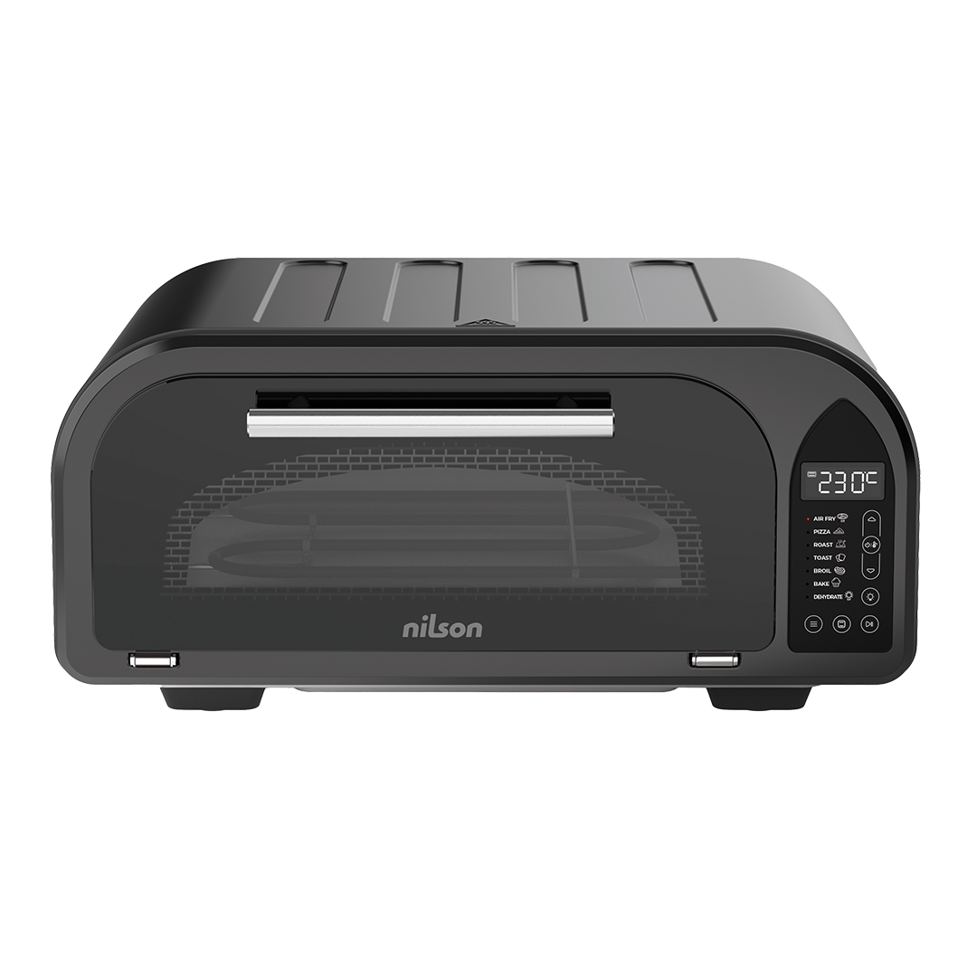 Horno tostador Nilson negro con pantalla digital y botones de control.