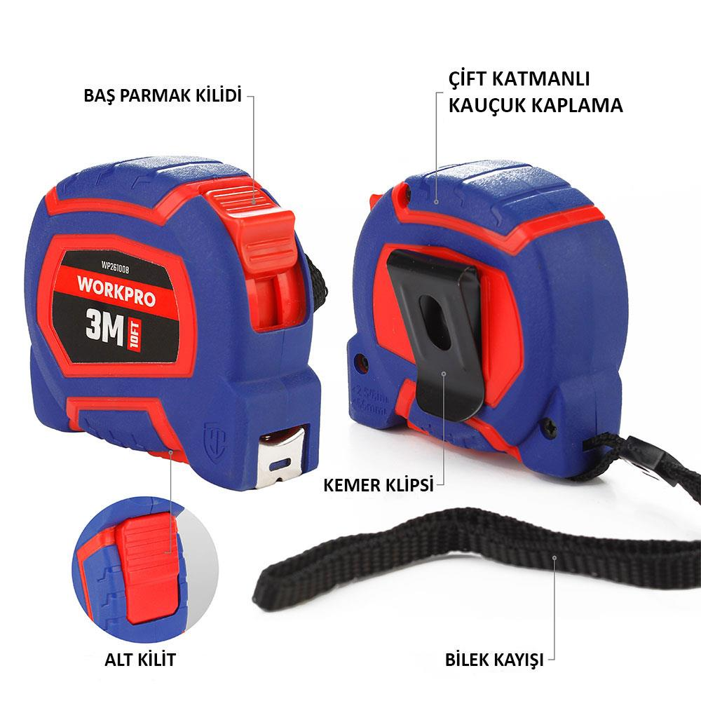 Bilek kayışı ve kemer klipsi olan, özellikleriyle etiketlenmiş mavi ve kırmızı bir WORKPRO 3M şerit metre.