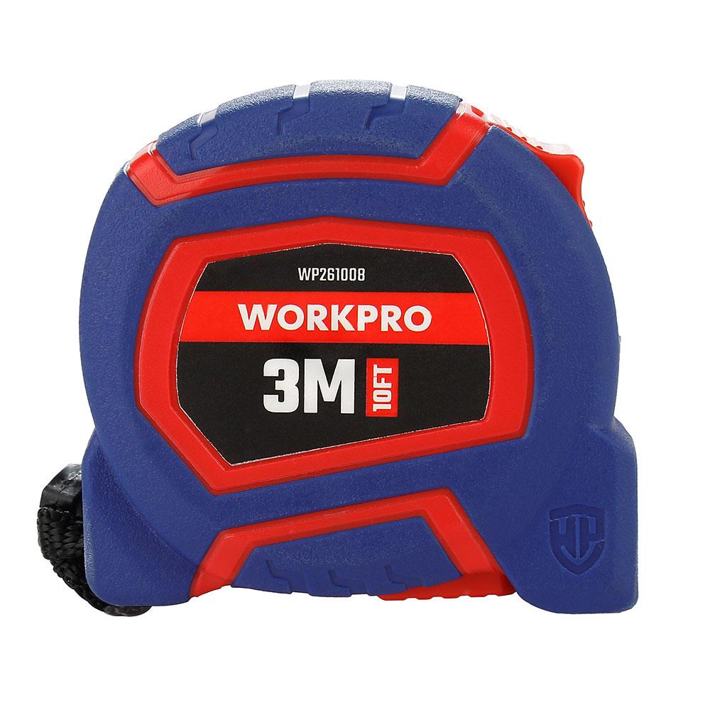 Mavi ve kırmızı WORKPRO şerit metre, 3M/10FT, logolu.
