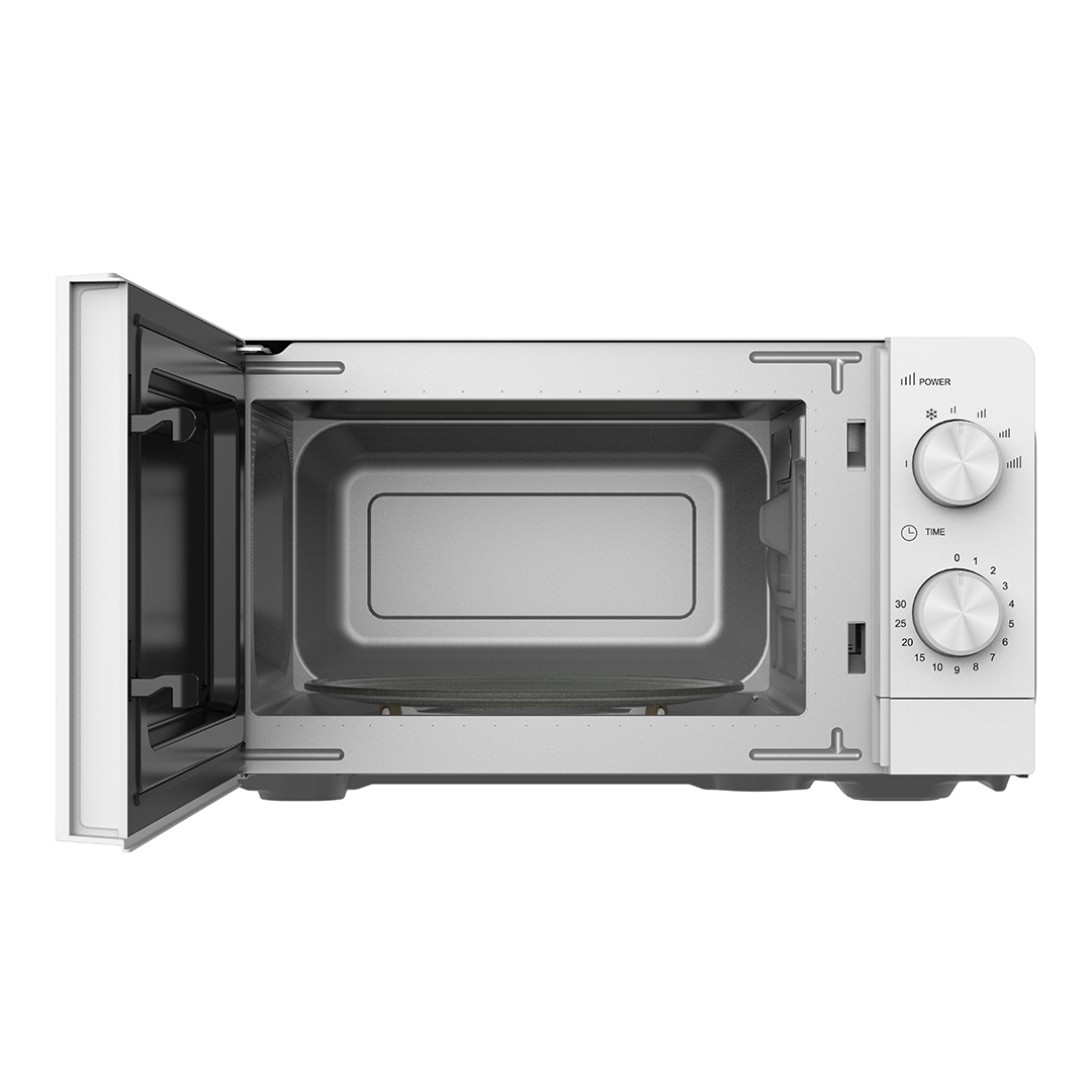 Un microondas blanco con la puerta abierta, mostrando un plato giratorio en el interior.