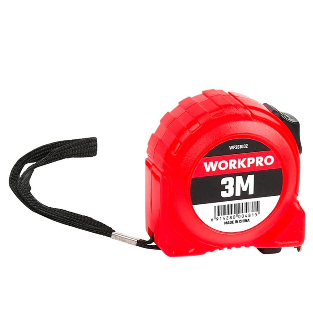 Siyah kordonlu kırmızı WORKPRO şerit metre. 3M işaretli.