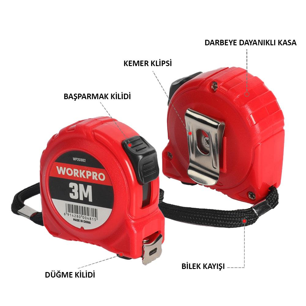 Üzerinde "WORKPRO 3M" ve "Made in China" yazan iki kırmızı şerit metre.