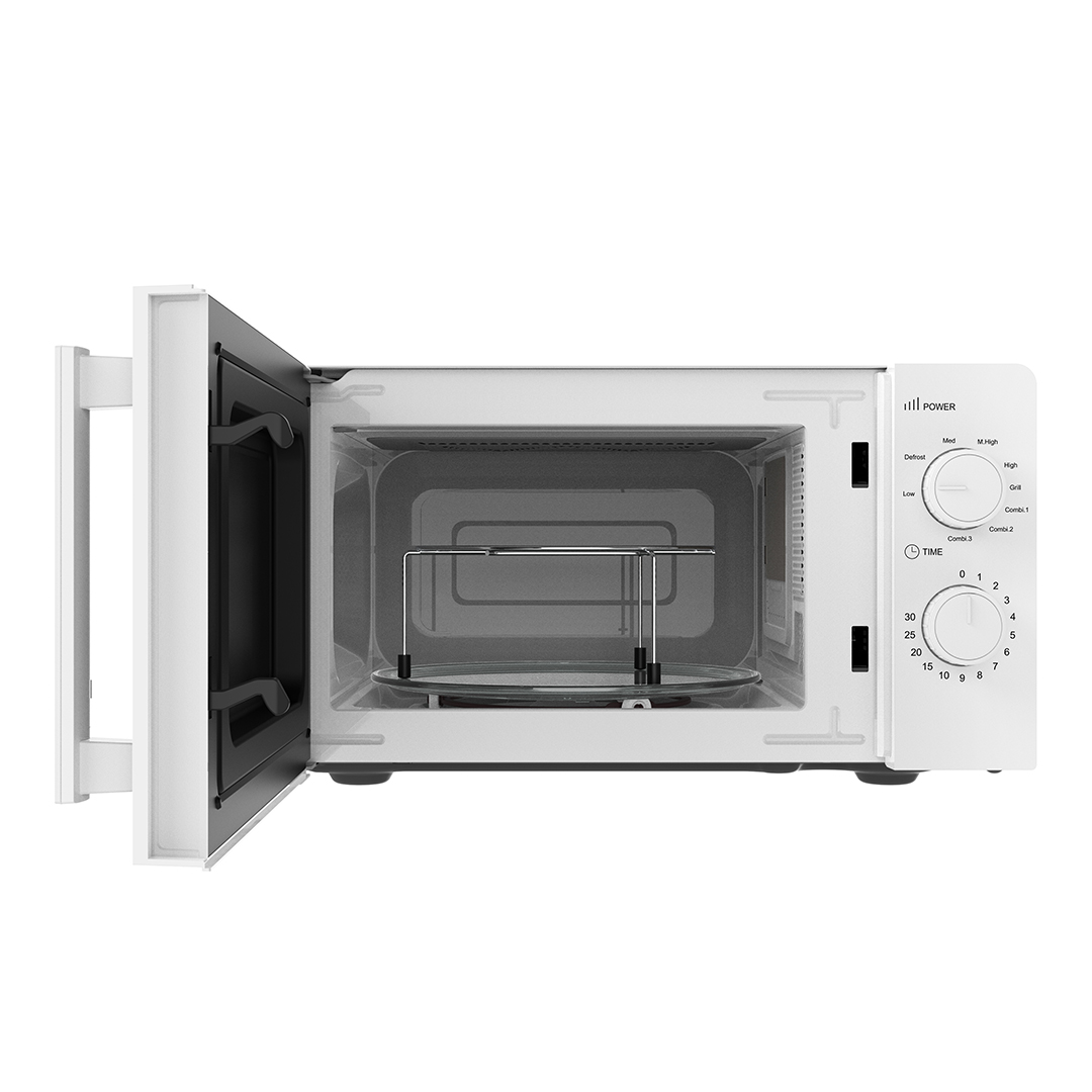 Microondas blanco con puerta abierta, mostrando una rejilla y plato giratorio.