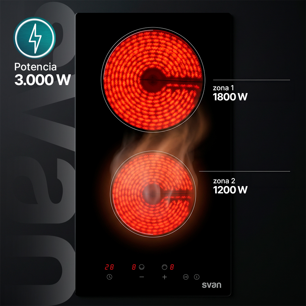 Una placa de cocina con dos espirales incandescentes, mostrando 1800W y 1200W.