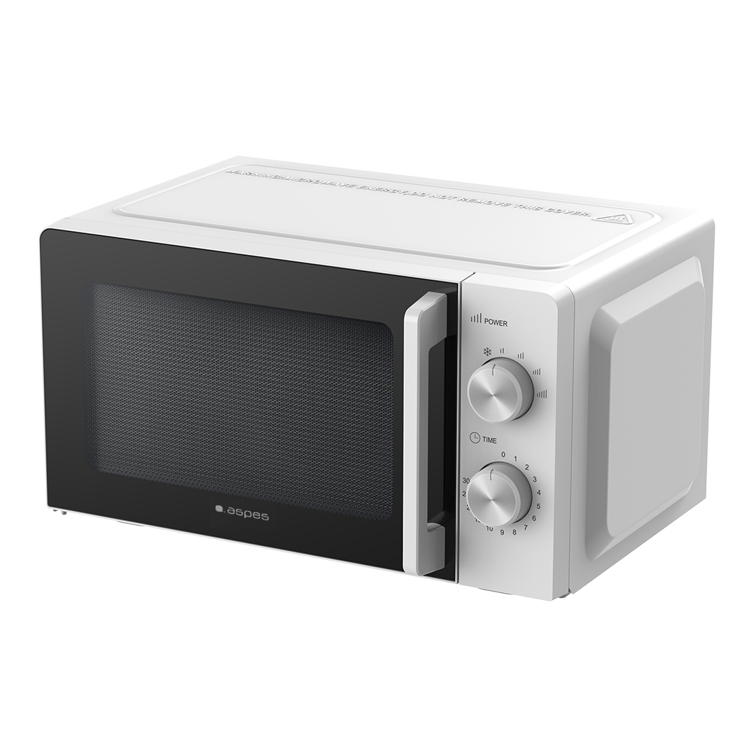 Un microondas blanco con puerta negra y mandos plateados, sobre fondo blanco.