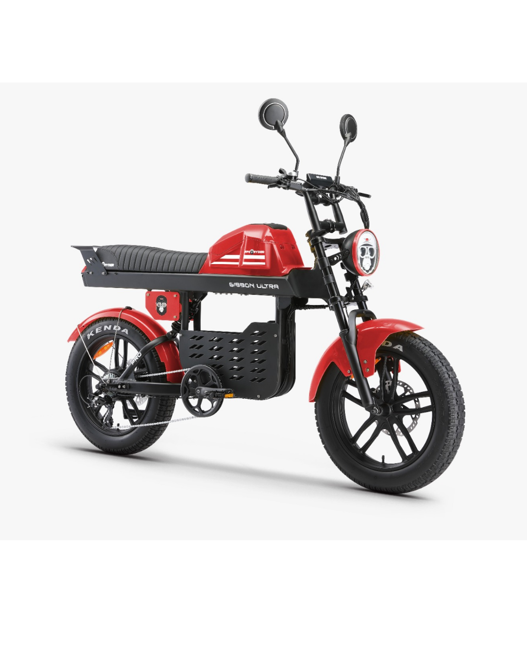 Siyah sele, kalın lastikler ve ön far ile kırmızı elektrikli motosiklet.