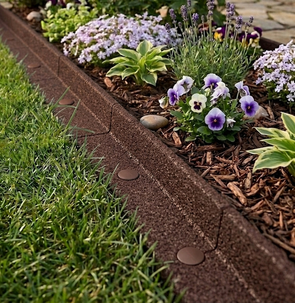 Un borde marrón separa un césped de un macizo de flores con lavanda y pensamientos.