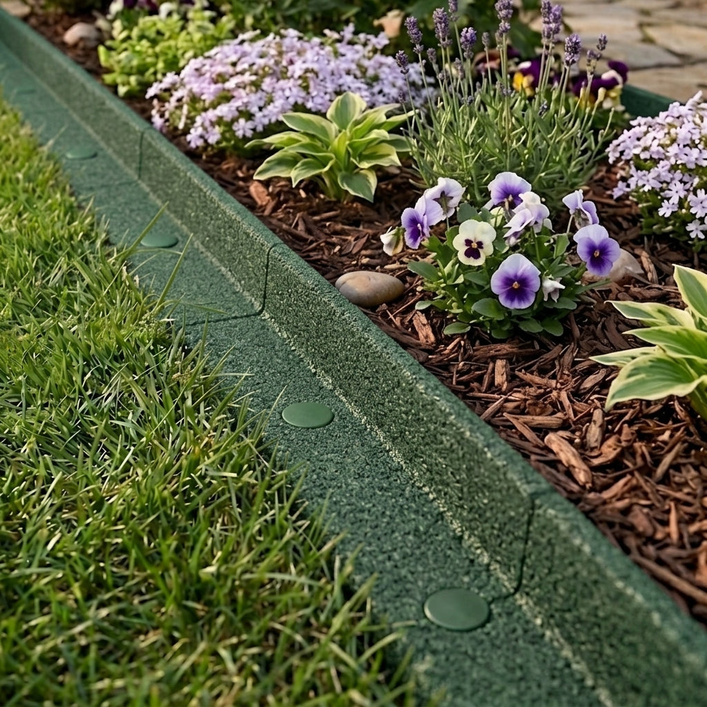 Un borde de jardín verde separa la exuberante hierba de un macizo de flores con pensamientos morados y blancos, lavanda y astillas de madera.