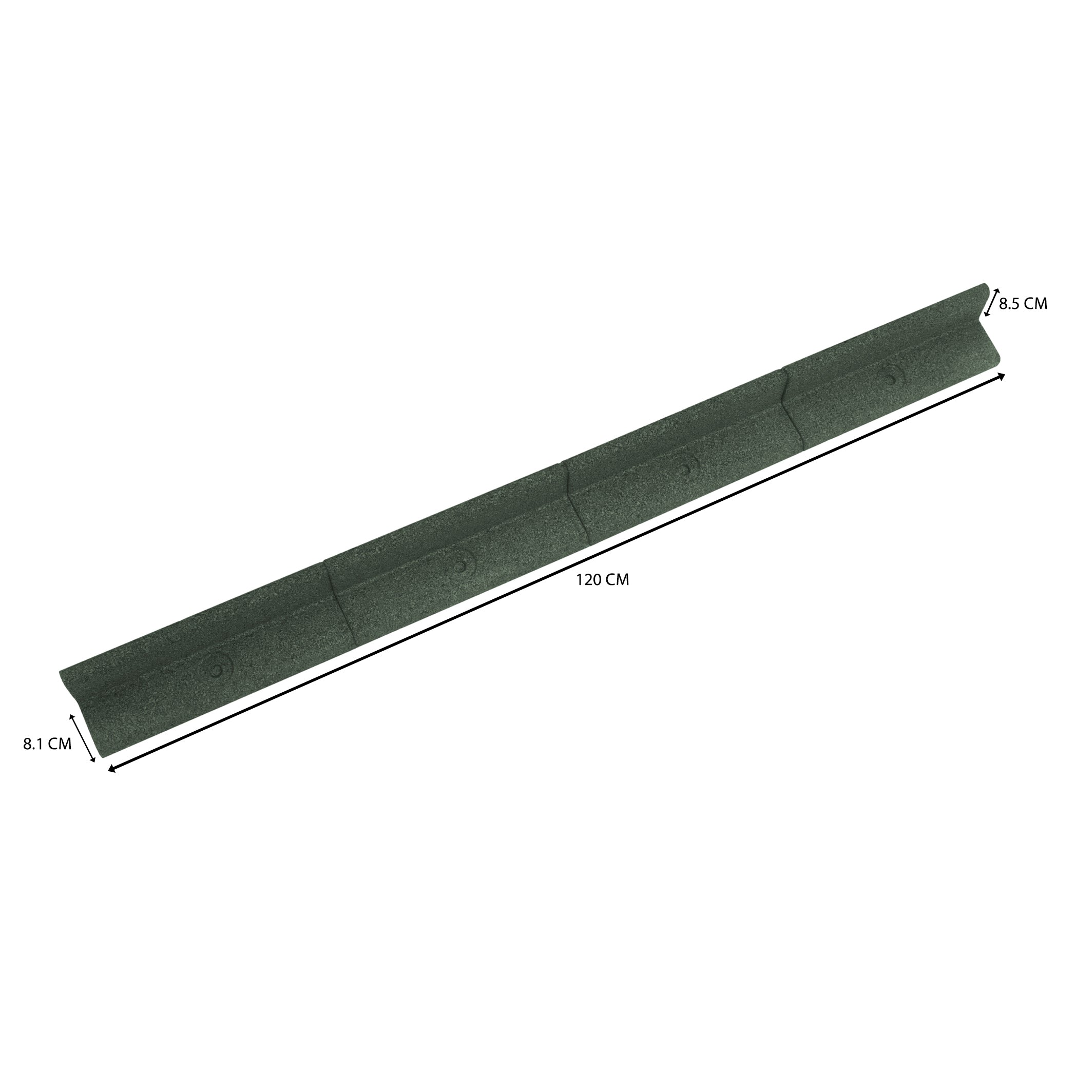 Un perfil rectangular verde que mide 120 cm de largo, 8,5 cm de alto y 8,1 cm de ancho.