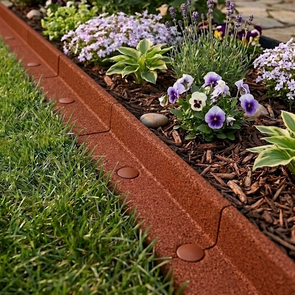 Un primer plano de un borde de jardín marrón que separa el césped verde de un macizo de flores con flores moradas y blancas.