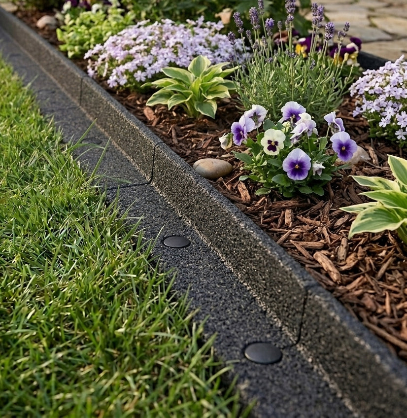 Un borde de jardín pavimentado con césped, flores y mantillo.