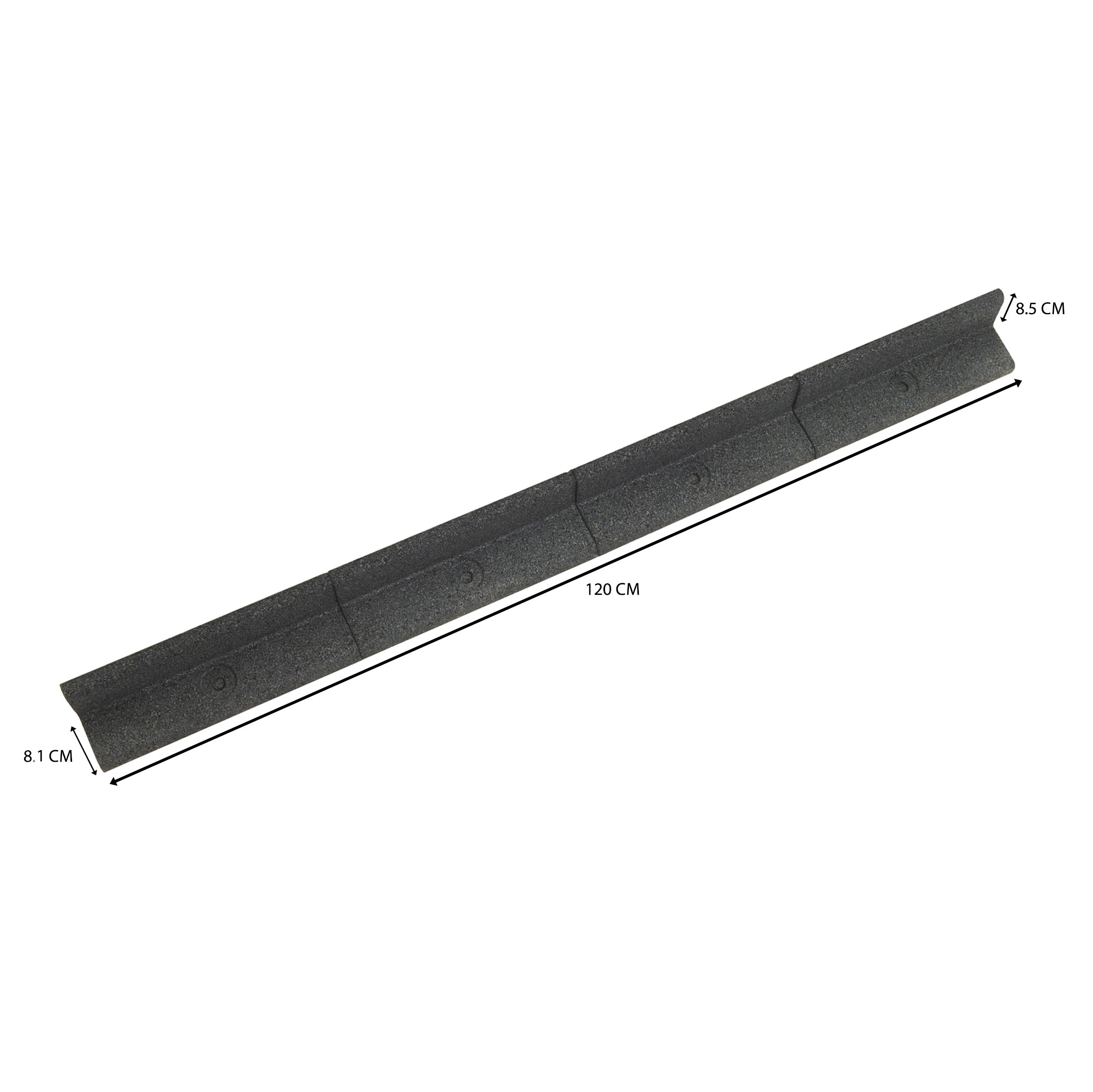 Una barra de umbral rectangular de color gris oscuro y texturizada con dimensiones de 120 cm de largo, 8,5 cm de ancho y 8,1 cm de alto.