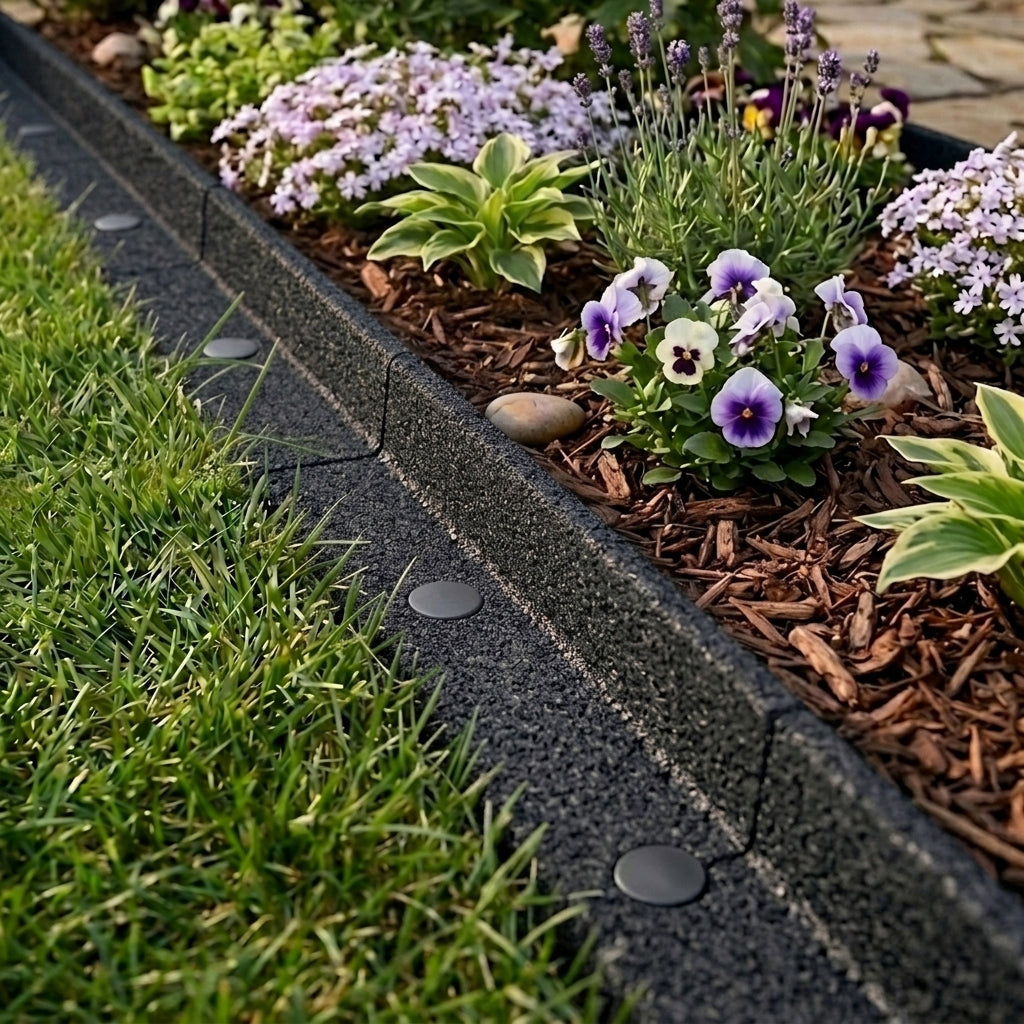 Un parterre con pensamientos morados, lavanda y plantas verdes bordeado por un borde negro.