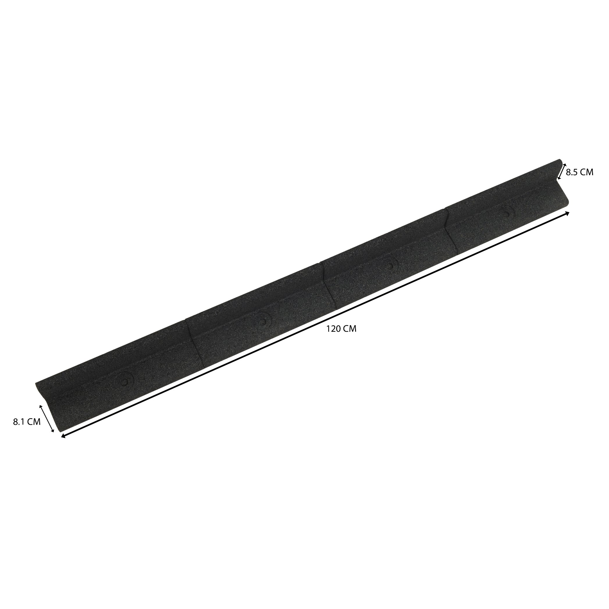 Un protector de esquina negro de 120 cm de largo, 8,1 cm y 8,5 cm de grosor.
