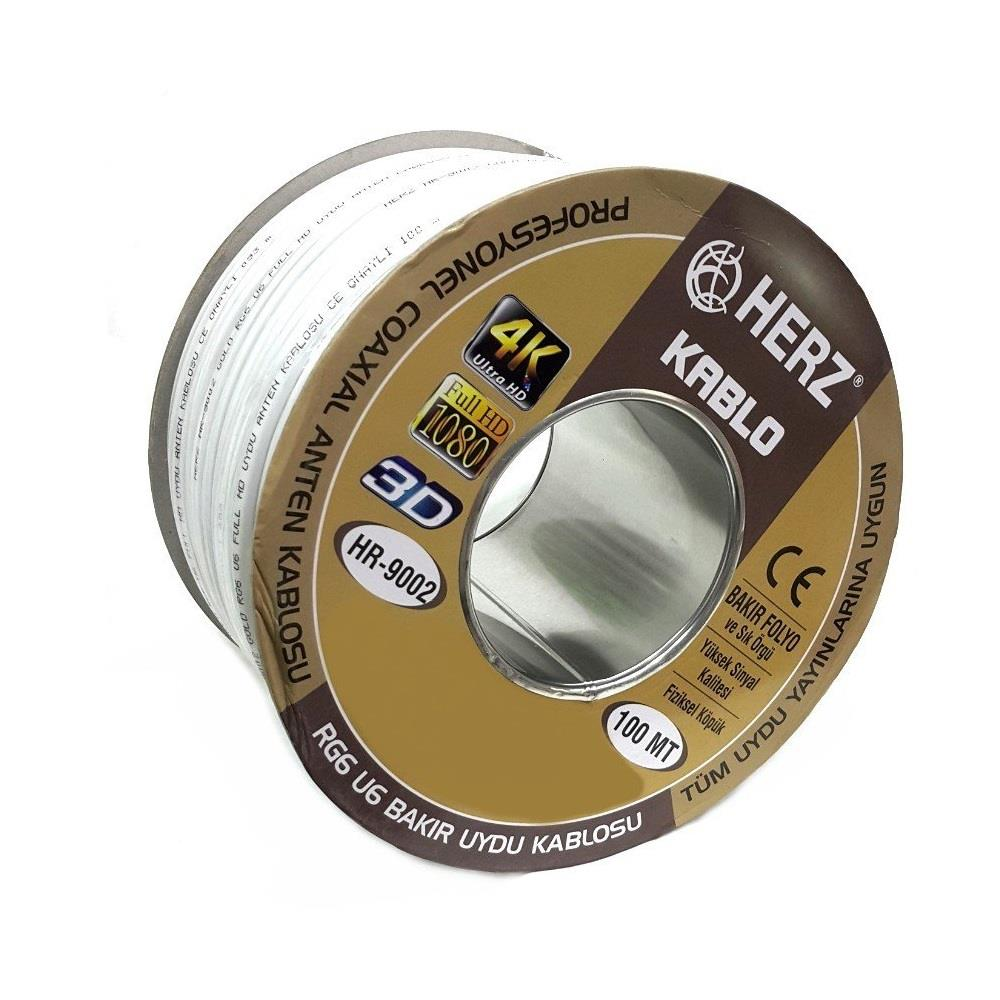4K, Full HD, 1080 özellikli, 'Herz Kablo' etiketli koaksiyel kablo makarası.