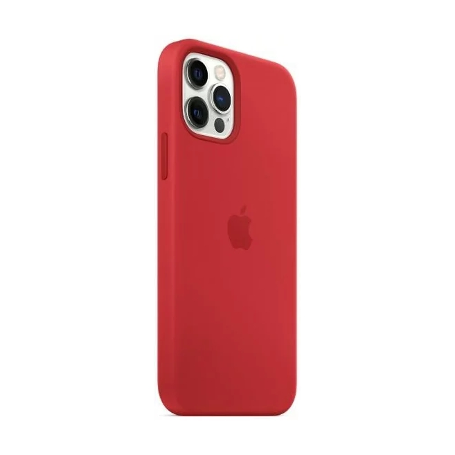Red iPhone case with Apple logo and camera cutout. White background.