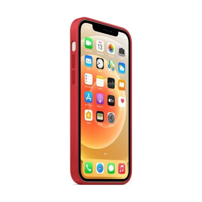 A red iPhone with its apps open, displayed on a white background.