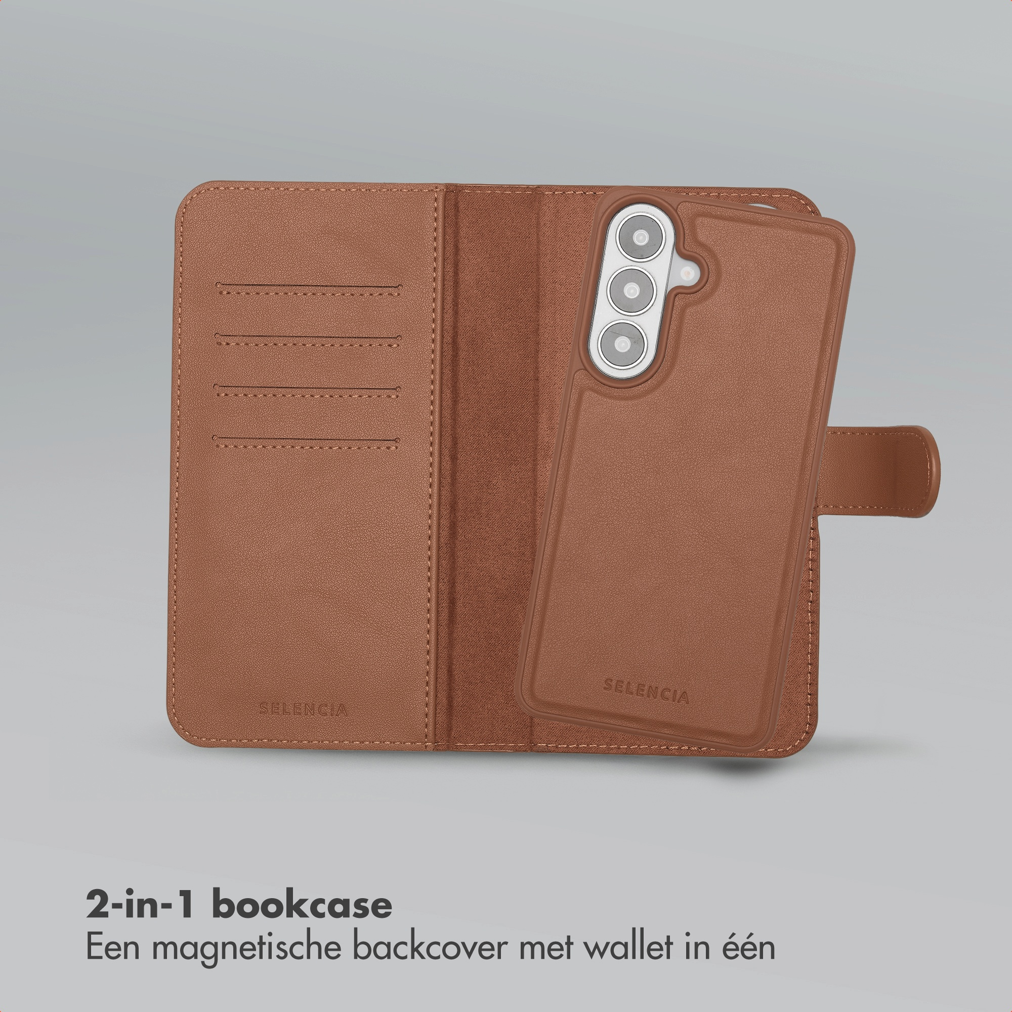 Funda tipo libro de cuero marrón con ranuras para tarjetas y funda extraíble.