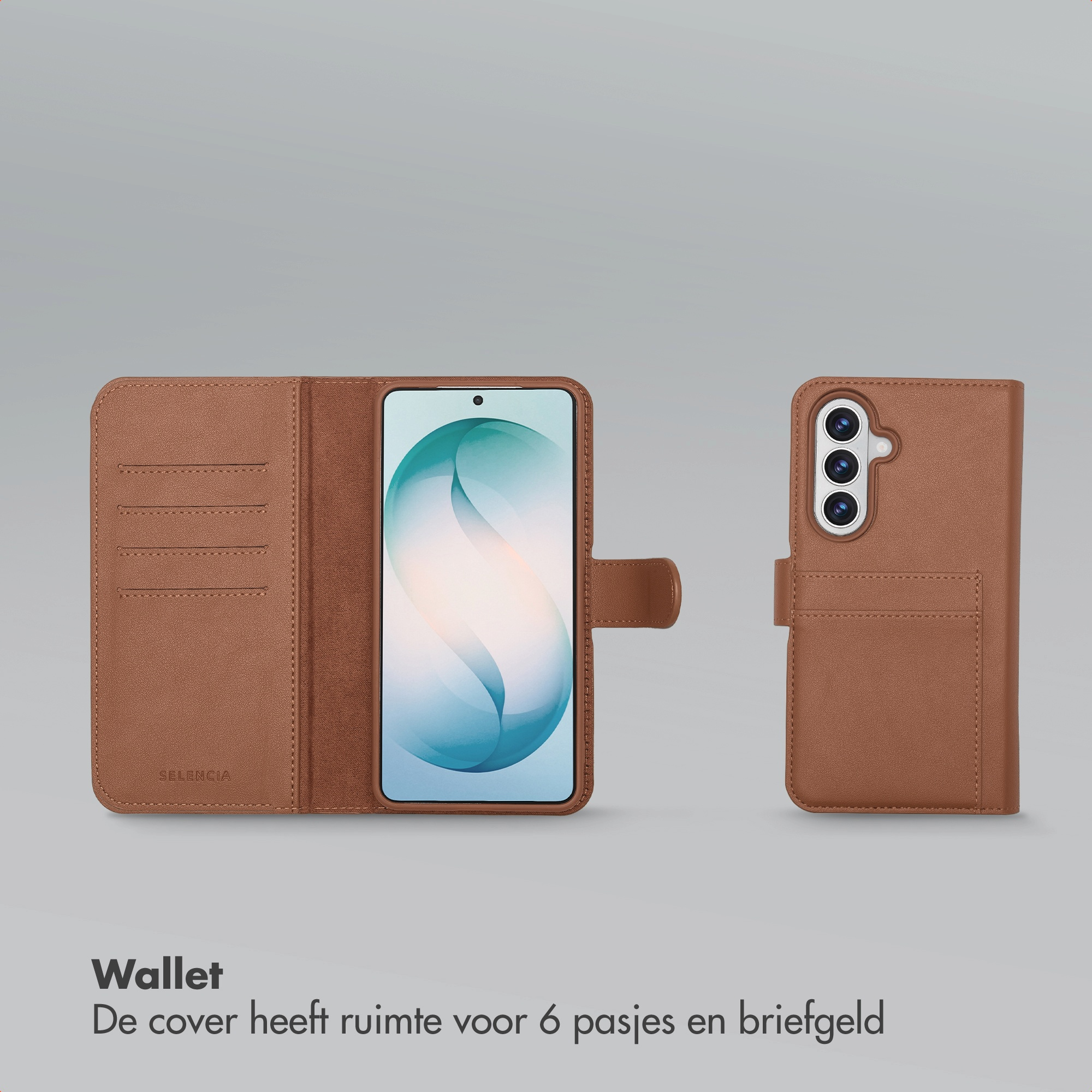 Funda tipo cartera marrón para móvil con ranuras para tarjetas.
