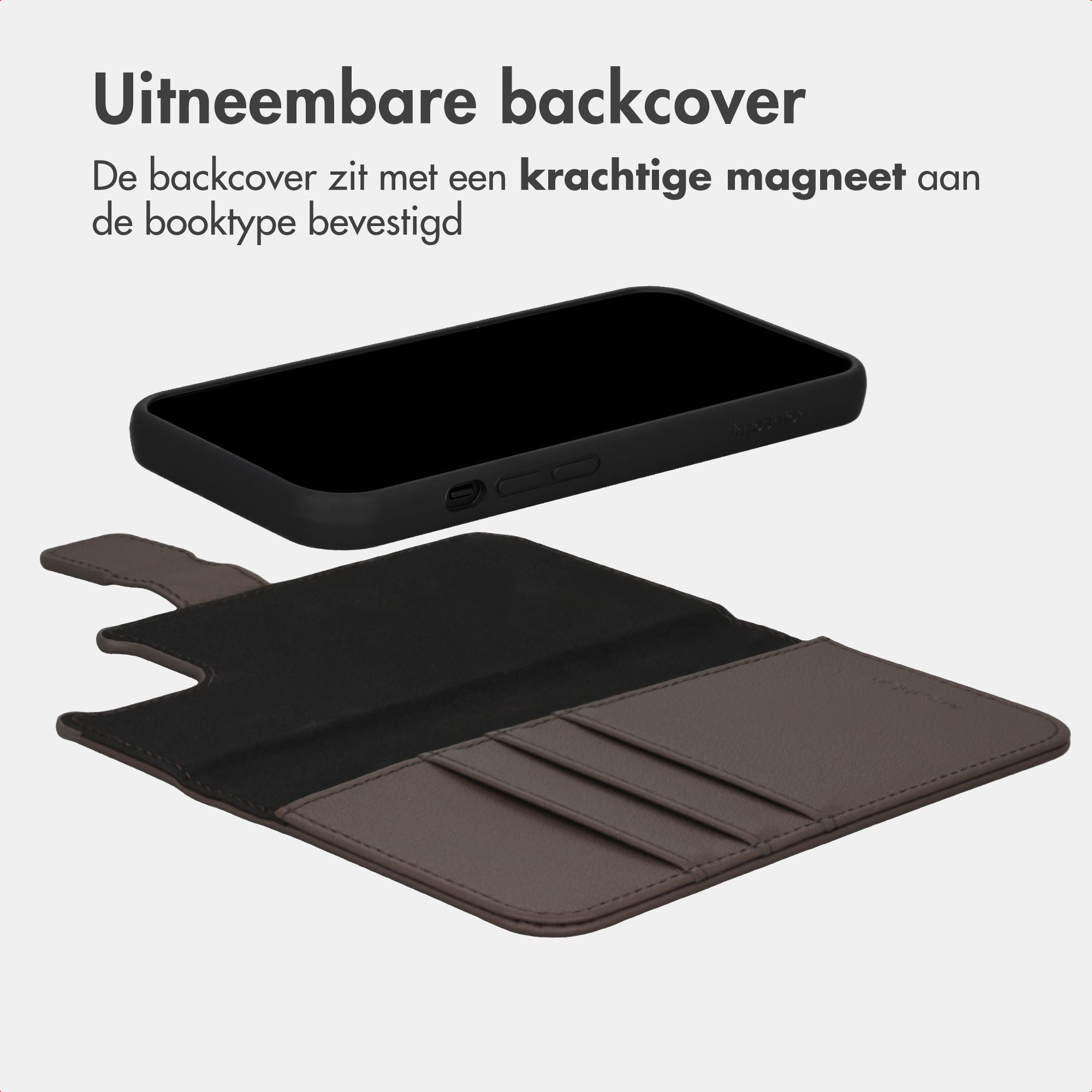 A black smartphone case detaches from a brown wallet-style cover with card slots, on a light gray background.