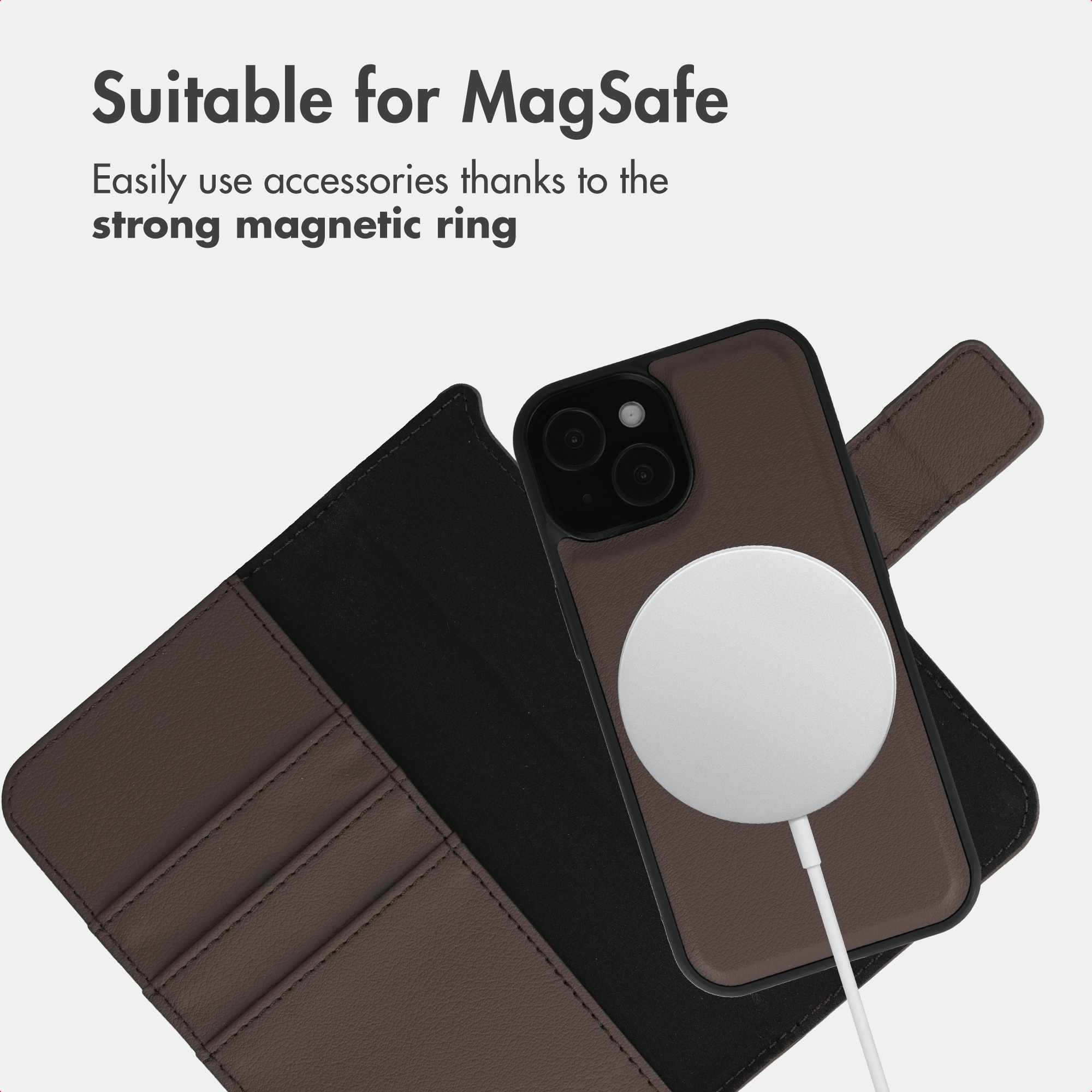 Brown phone case with MagSafe charger and card slots.