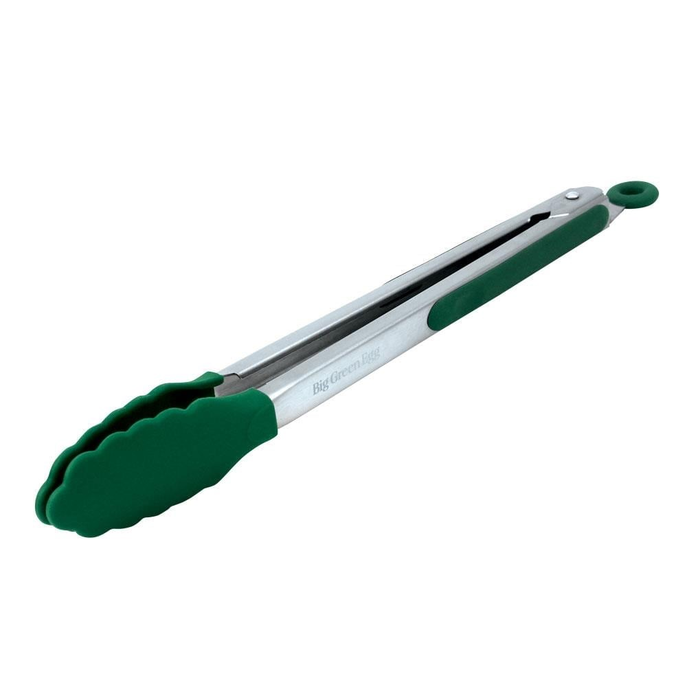 Metal saplı ve "Big Green Egg" logolu yeşil mangal maşası.