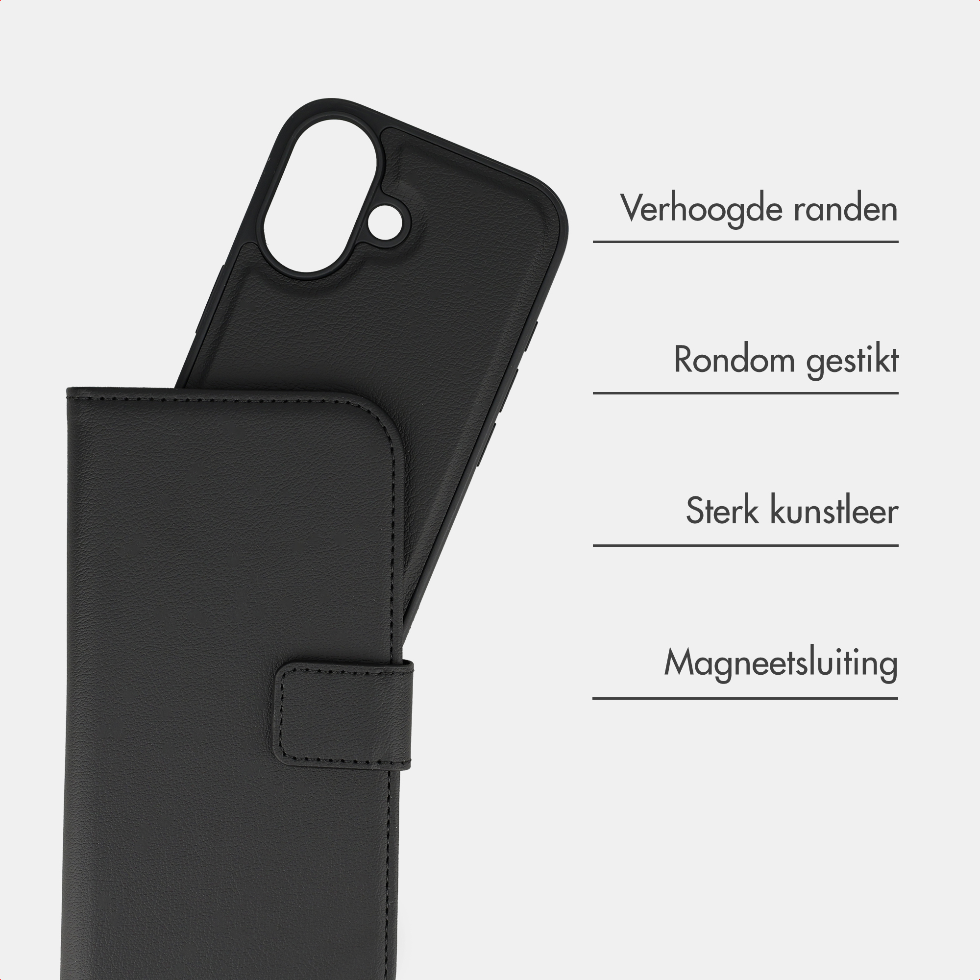 Custodia per telefono in pelle nera con bordi rialzati e chiusura magnetica.