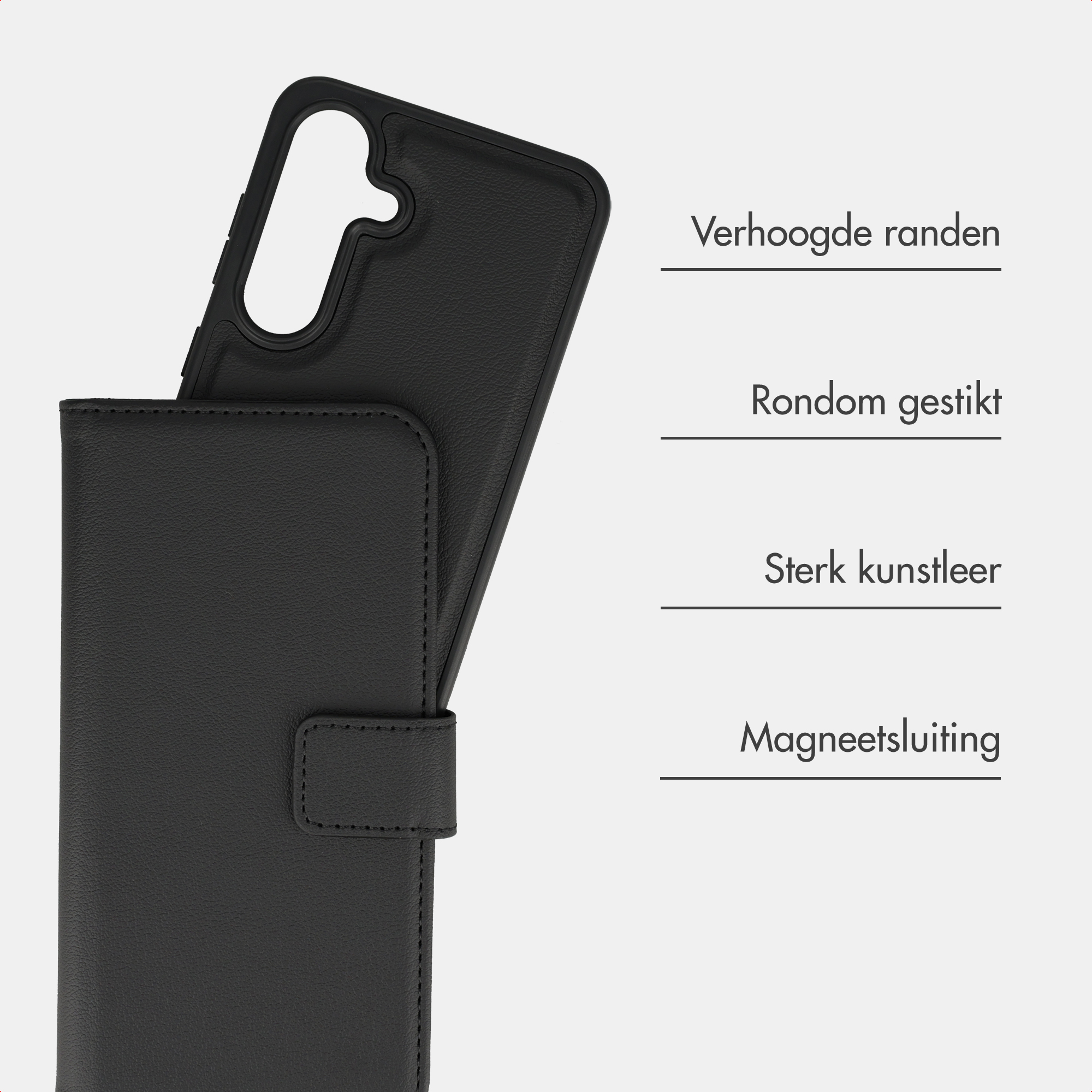 Schwarzes Kunstleder-Telefoncover mit magnetischem Verschluss und erhöhten Rändern.