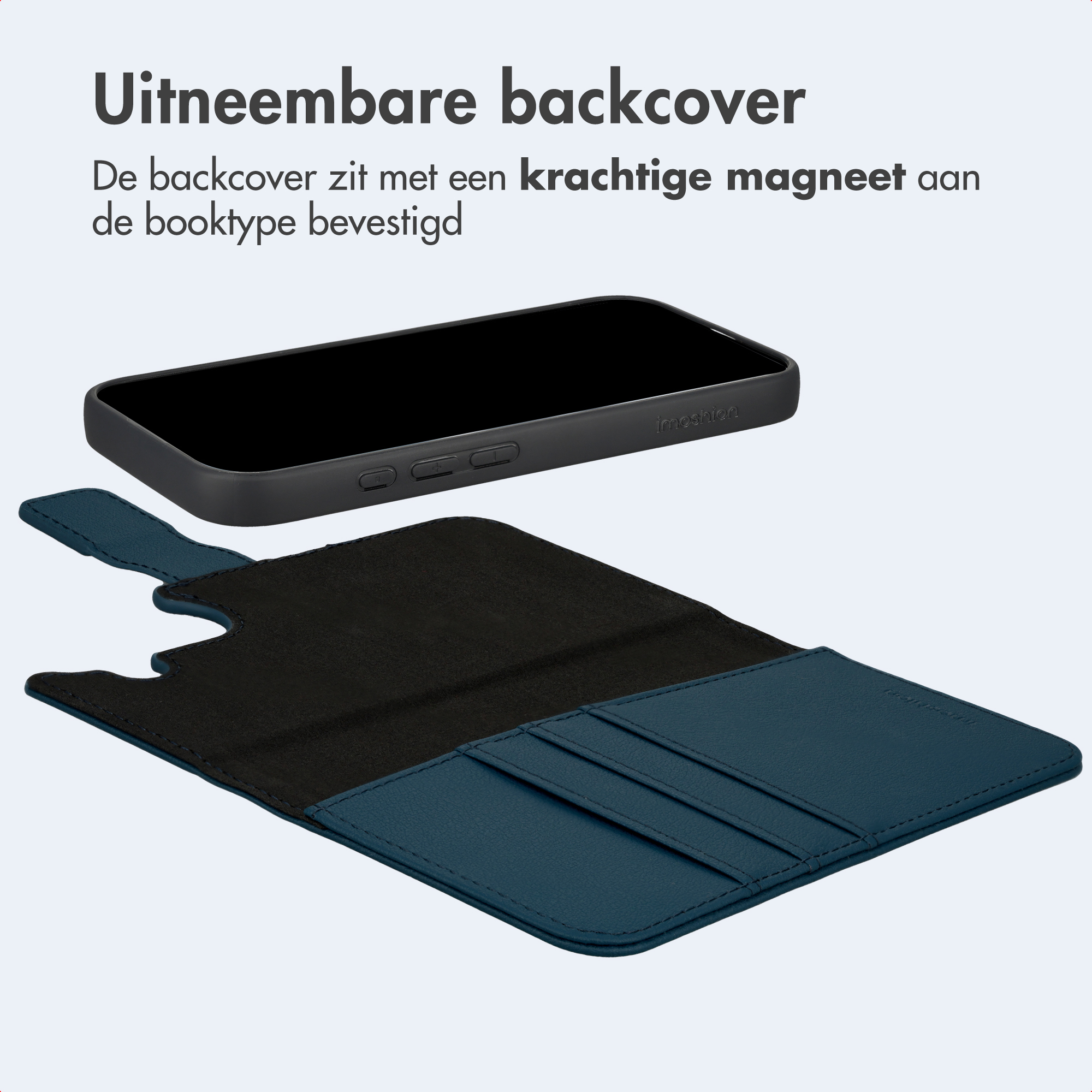 Ein schwarzes Smartphone mit abnehmbarer Rückseite und einem blauen Etui im Brieftaschenstil mit Kartenfächern.