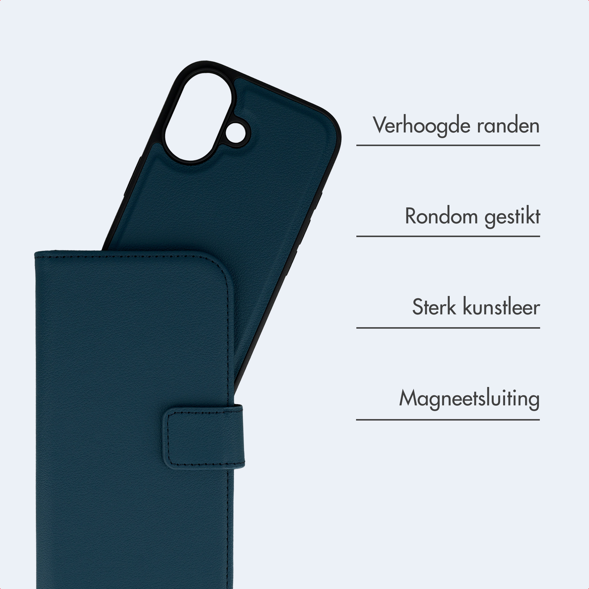 Dunkelblauer Handyhülle mit erhöhten Rändern und Magnetverschluss.
