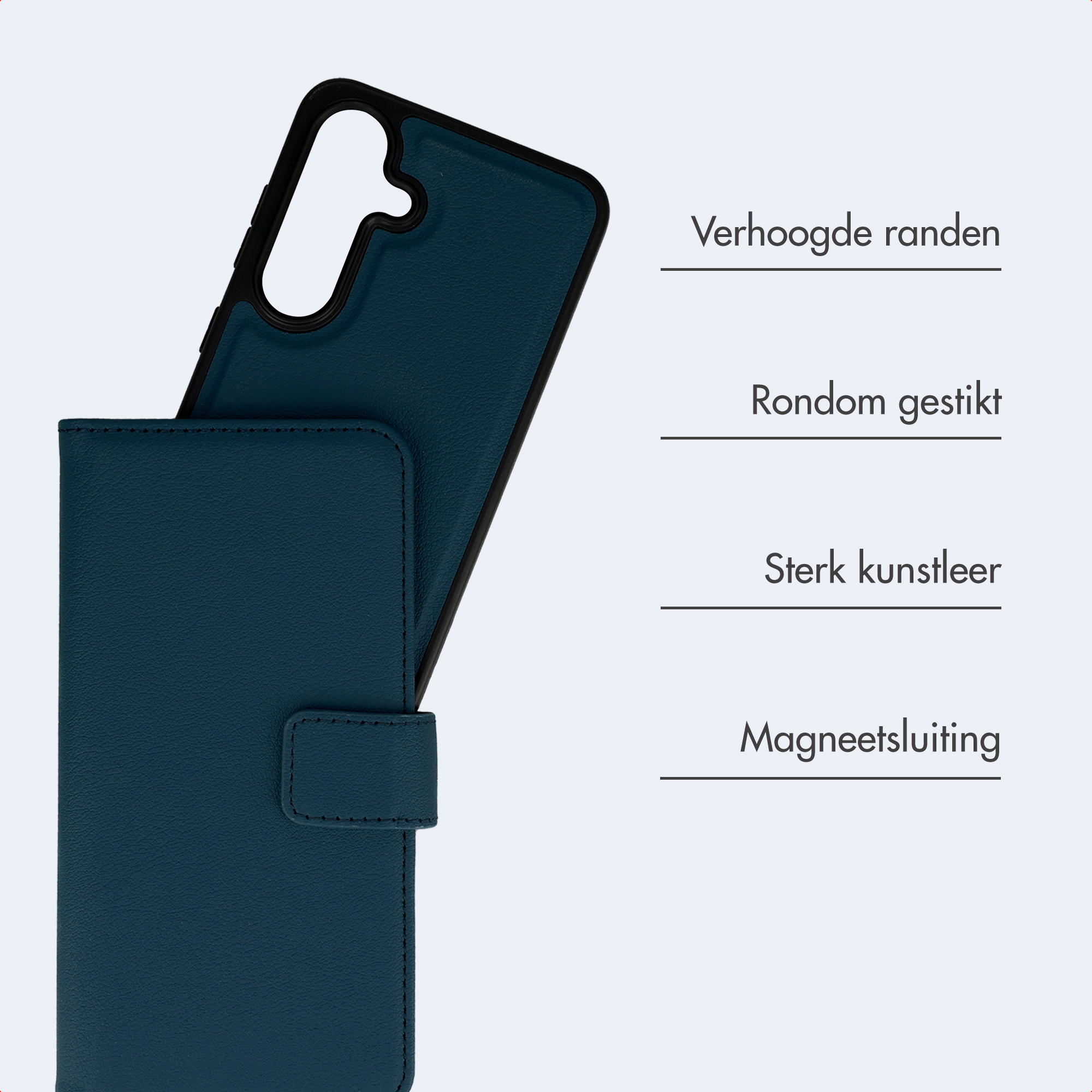 Eine blaue Handyhülle mit magnetischem Verschluss und erhöhten Rändern.