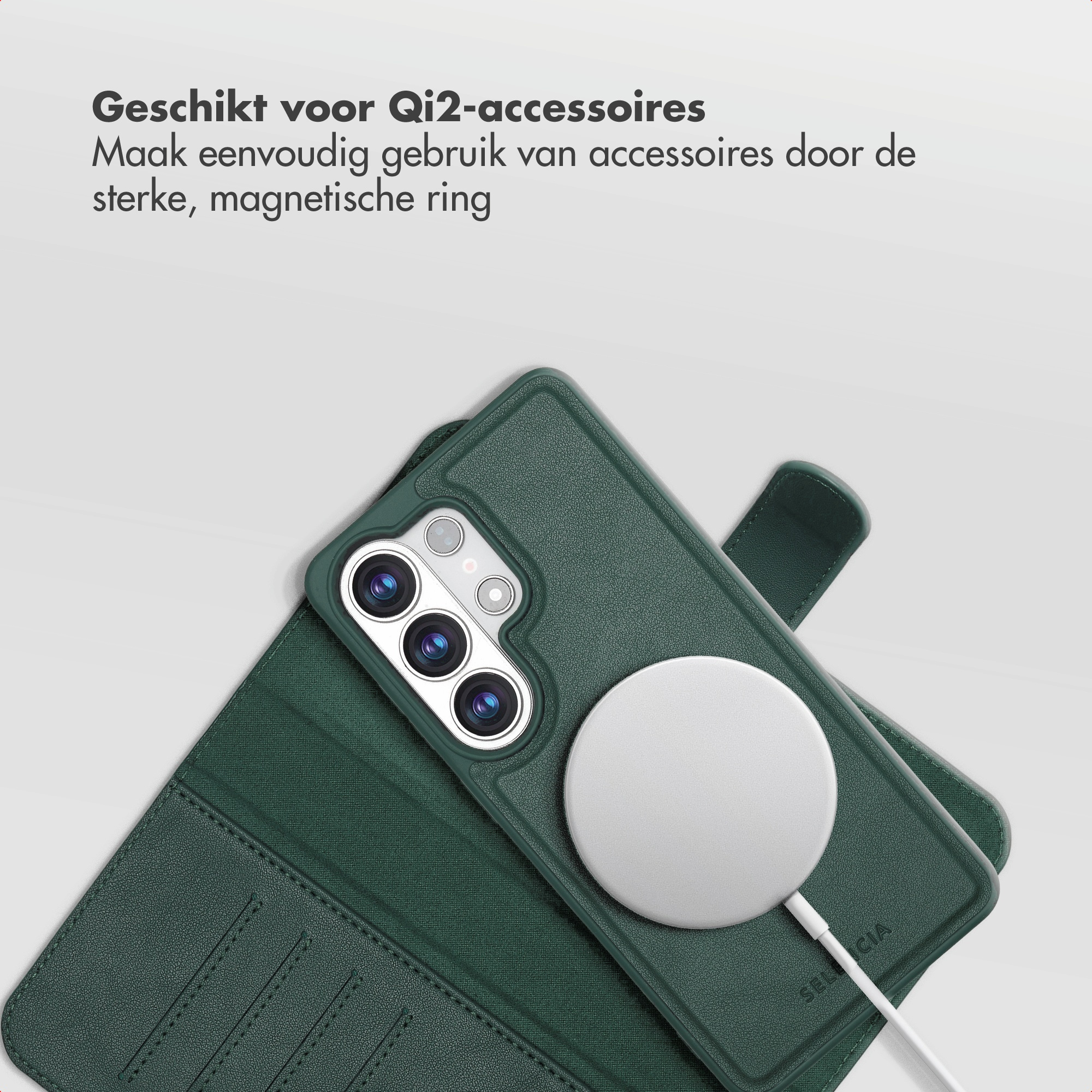 Groene telefoonhoes met magnetische ring en camera-array. Geschikt voor Qi2-accessoires.