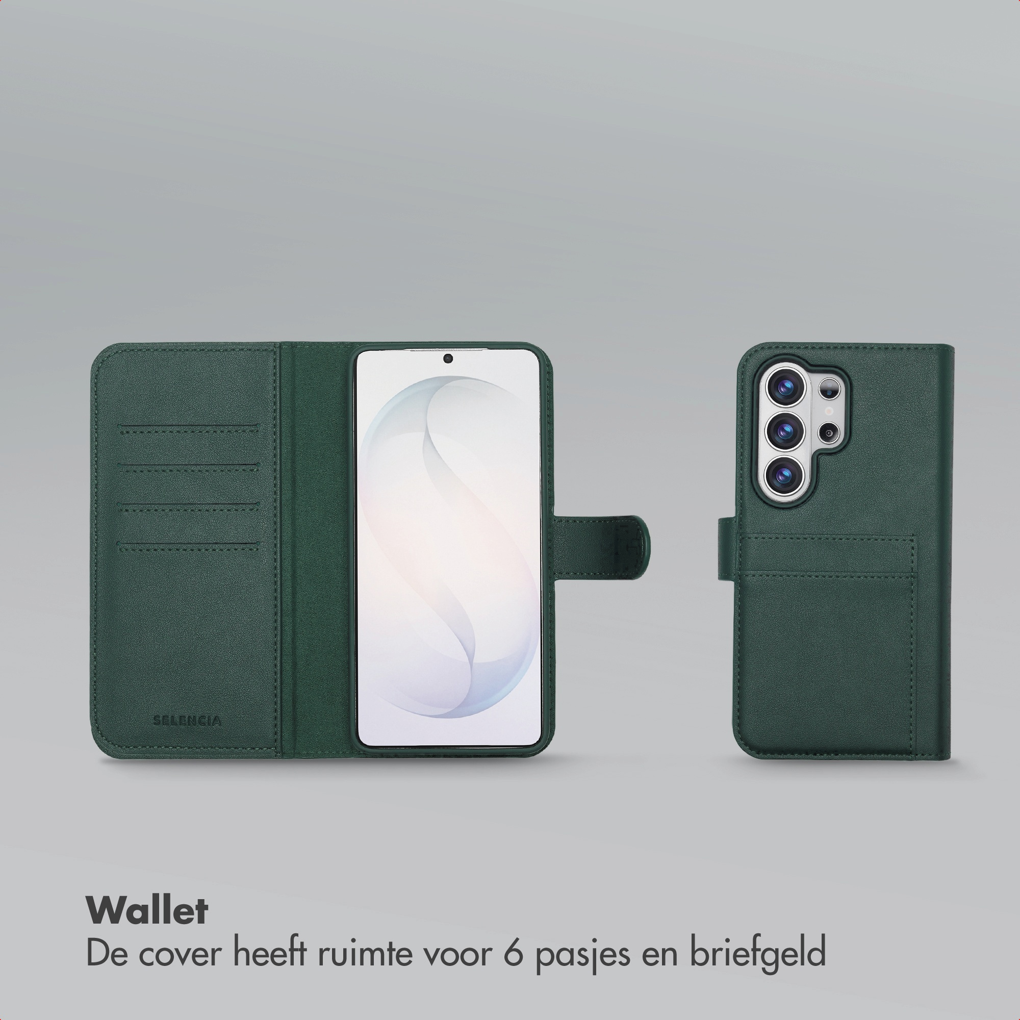 Een donkergroene leren portemonnee met display en kaartsleuven.