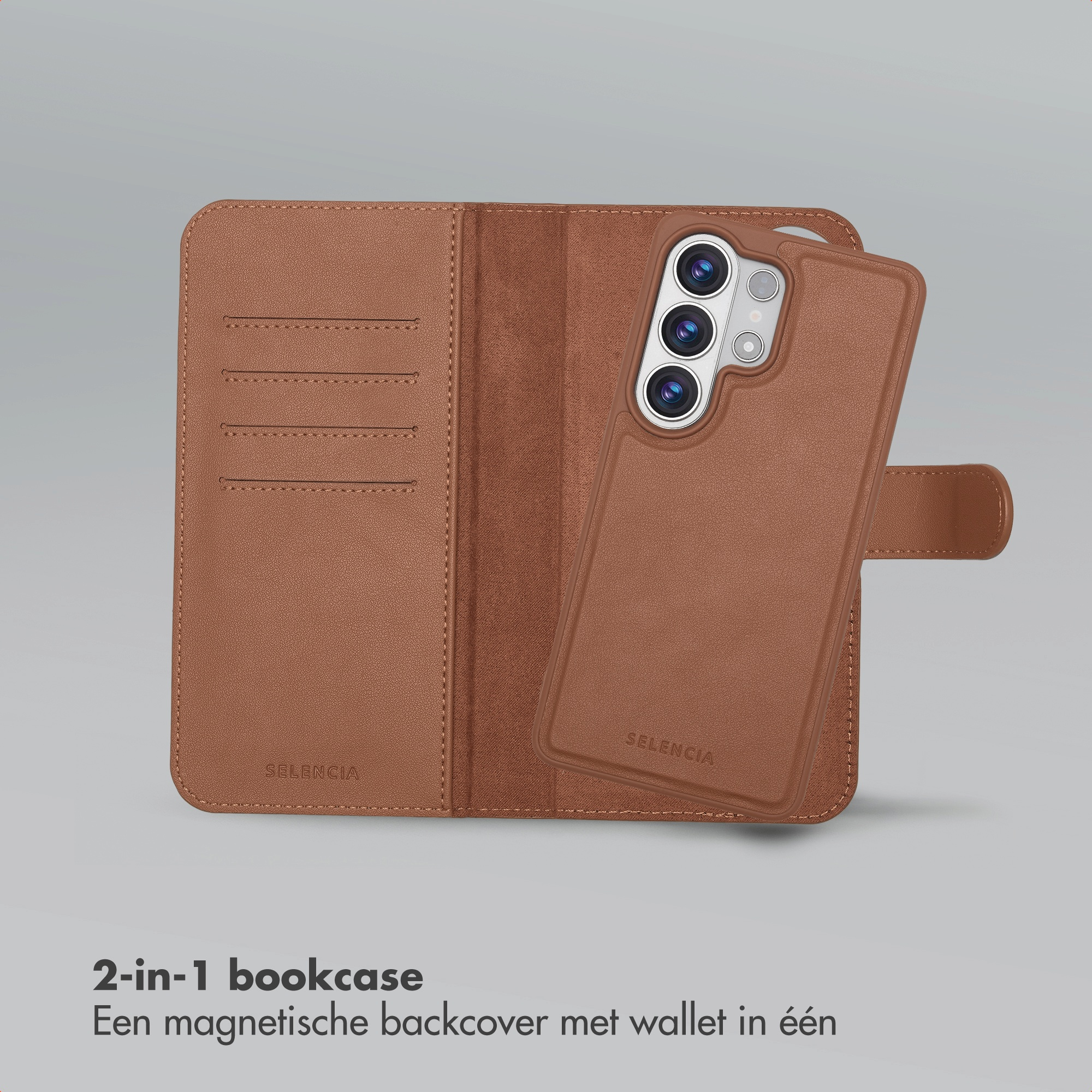 Een bruine leren 2-in-1 boekenetui telefoonhoesje met een portemonnee en magnetische achterkant.