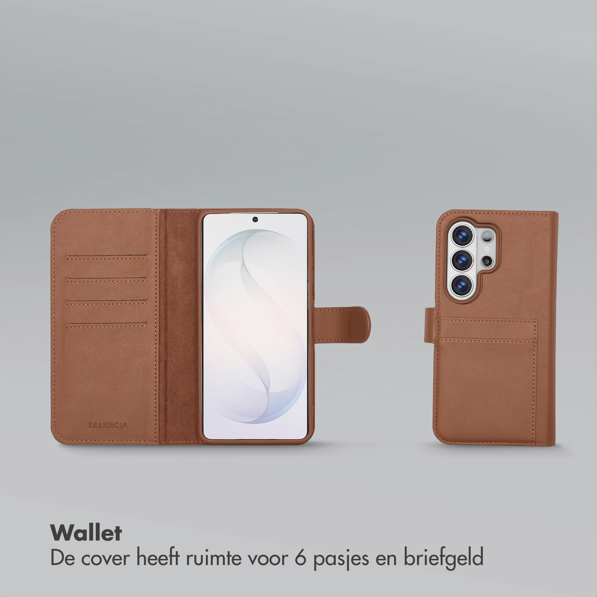 Een bruin leren portemonnee telefoonhoesje, links open met kaartsleuven en een telefoon, en rechts gesloten.