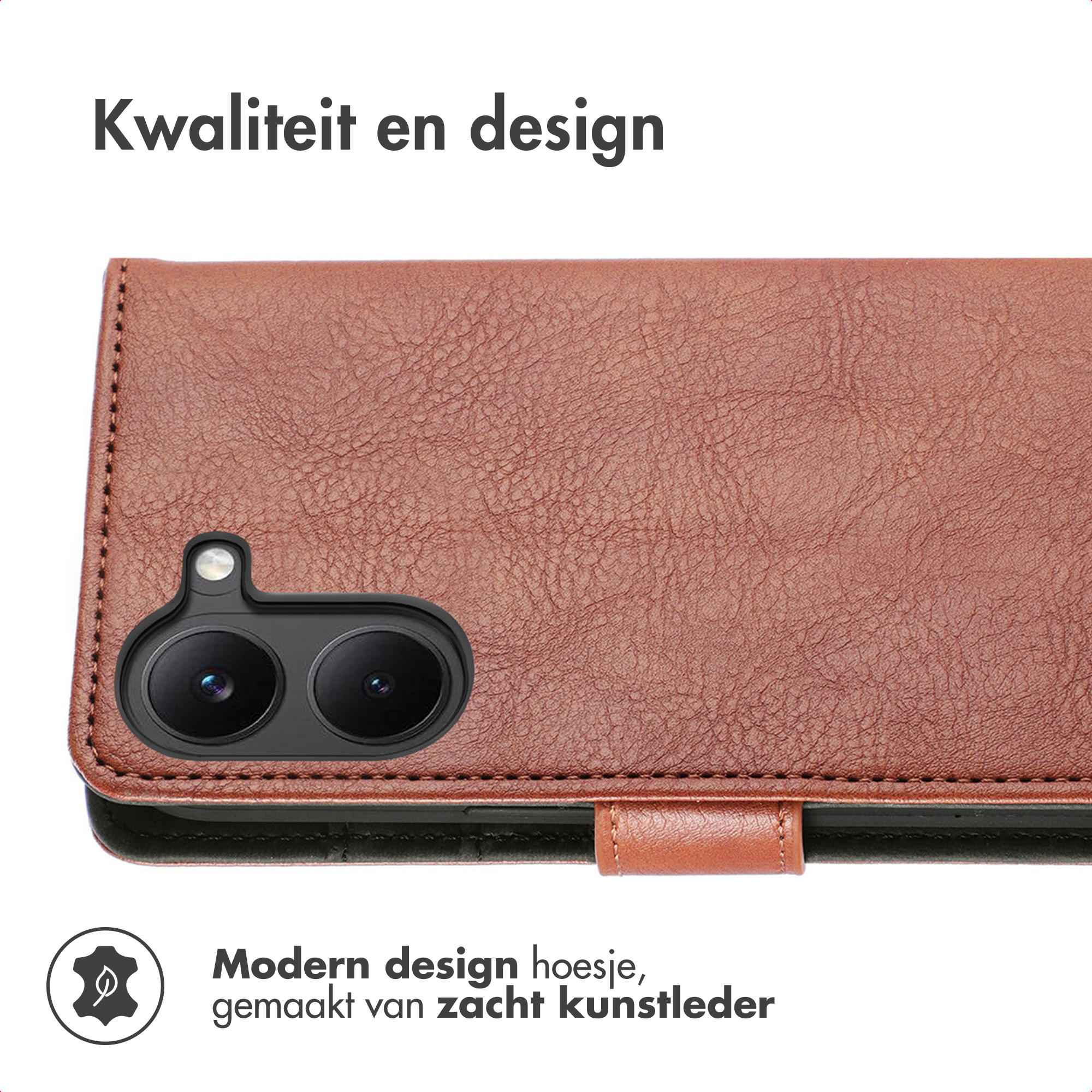 Custodia marrone in similpelle con due obiettivi e flash.